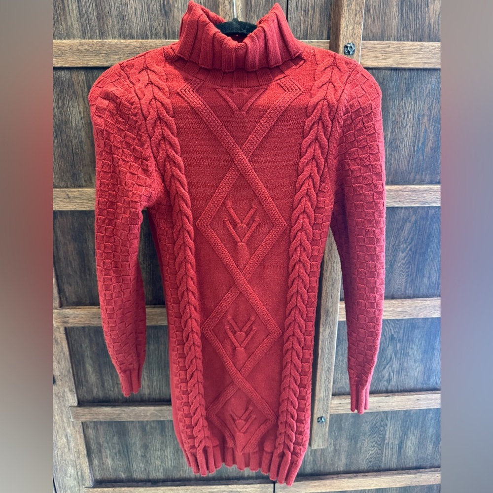 Cable Knit Turtleneck Sweater Dress - Red